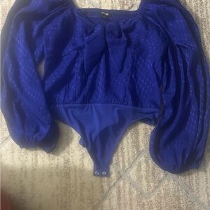 Express Blue Puff Sleeve Bodysuit with Ruffled Elegance